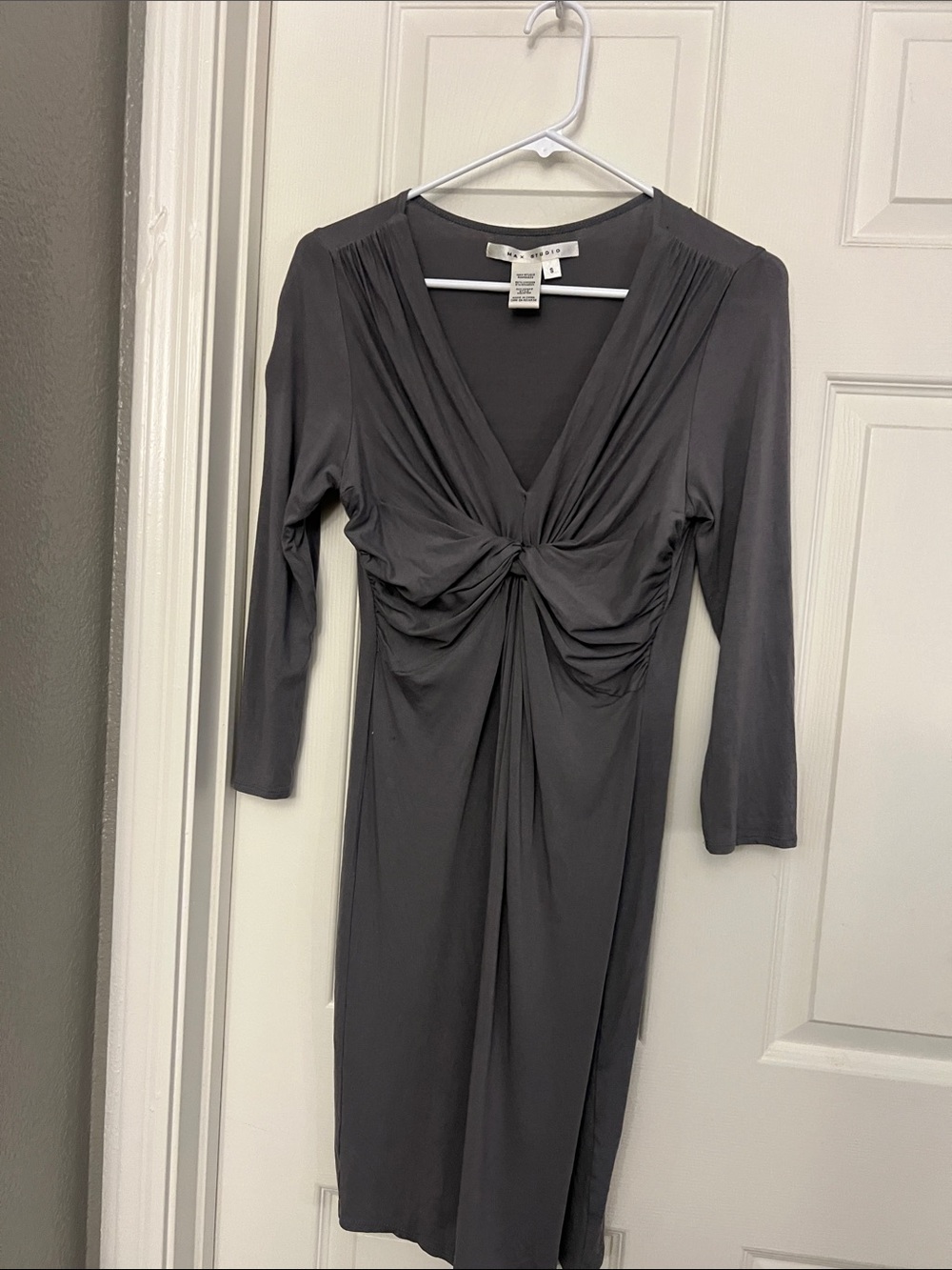 Max Studio Charcoal Twist-Front V-Neck Long Sleeve Dress